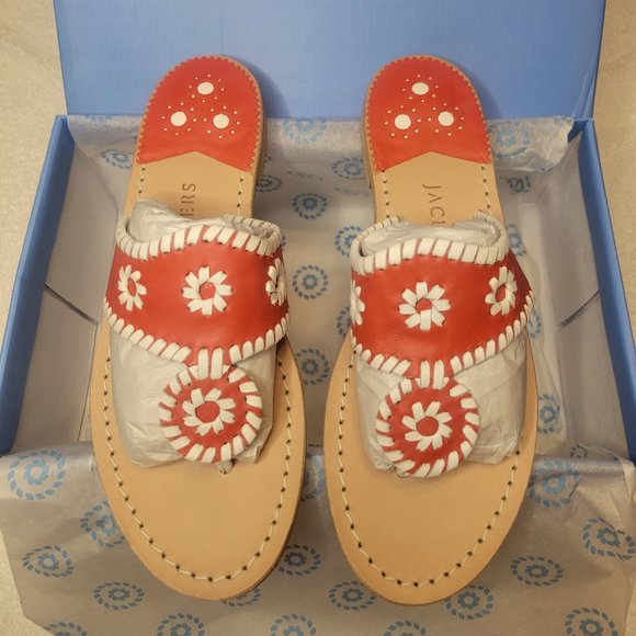 NWT Jack Rogers Fire Red & White Flat Leather Sandal Women’s Size 7 - Picture 5 of 5